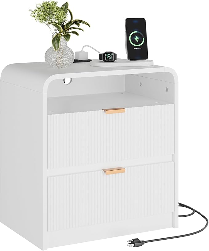 FURSUN 24" Fluted Nightstand with Charging Station, Wooden End Table with 2 Drawers Storage, Curved Profile Design, Modern Bedside Cabinet for Bedroom, White