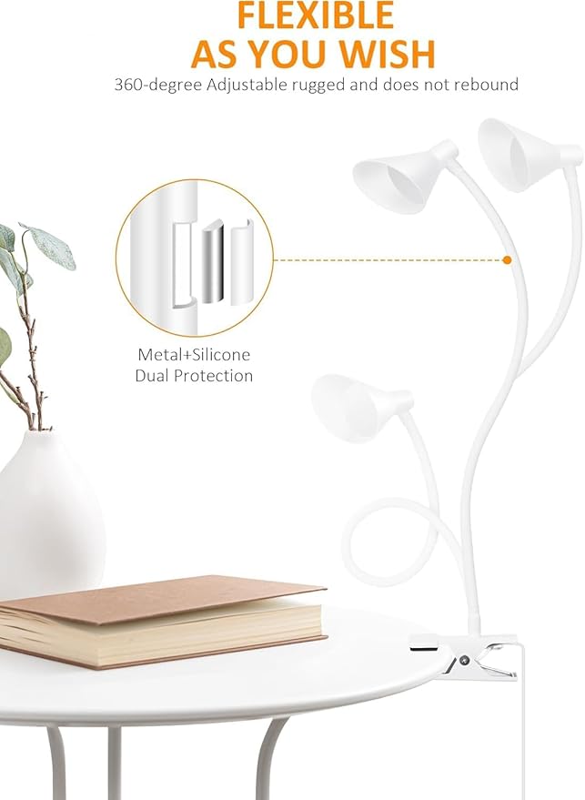Clip on Light USB Reading Light, Eye Care Dimmable Reading Lamp Flexible Goose Neck Clip on Lamp for Bed Headboard Desk Bedside Dorm - White