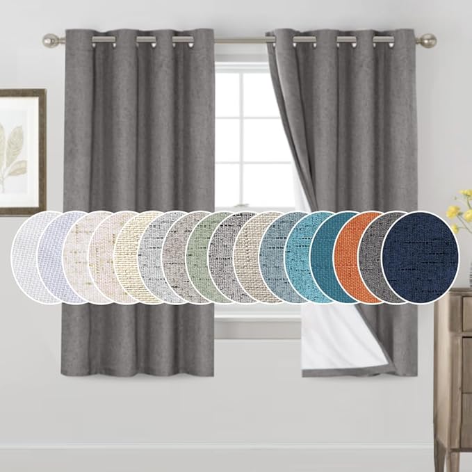 PrinceDeco 100% Blackout Curtains for Bedroom 63 Inches Long 2 Panels Set Anti-Rust Grommet Room Darkening Curtains & Drapes Linen Textured Window Treatment Drapes with White Liner, Grey