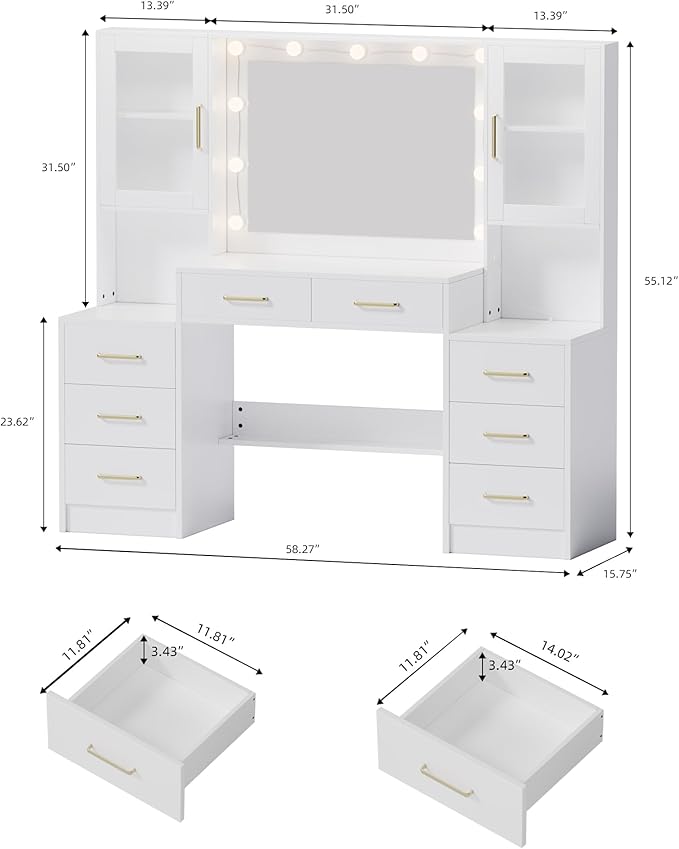 58.3”Vanity Desk with Mirror and Charging Station, Bedroom Dressing Table, Large Vanity Set, 8 Drawers and 2 Cabinets, Makeup Vanity Table with Charging Station, Without Lights