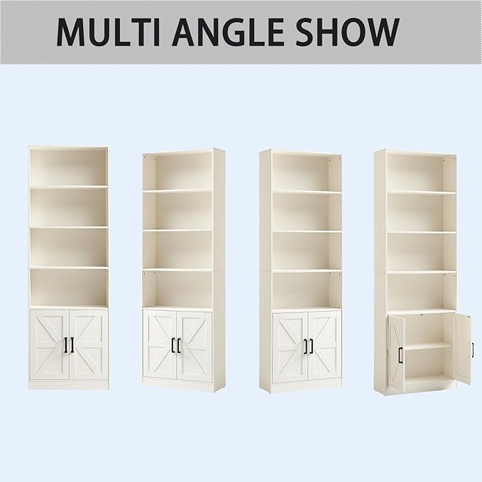 RWYHG 70in Tall Bookshelf 6 Tier Bookcase with Barn Doors and Adjustable Shelf, White Farmhouse Book Shelves with Storage Cabinet