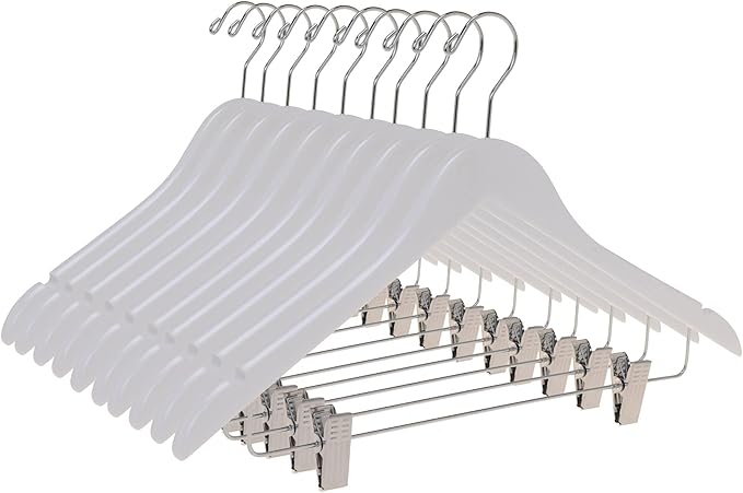 Quality Wooden Skirt Hangers with Clips 80-Pack White Pants Hangers with Adjustable Chrome Metal Clips, Swivel Hook, Coat, Jacket, Blouse Suit Hangers (White, 80)