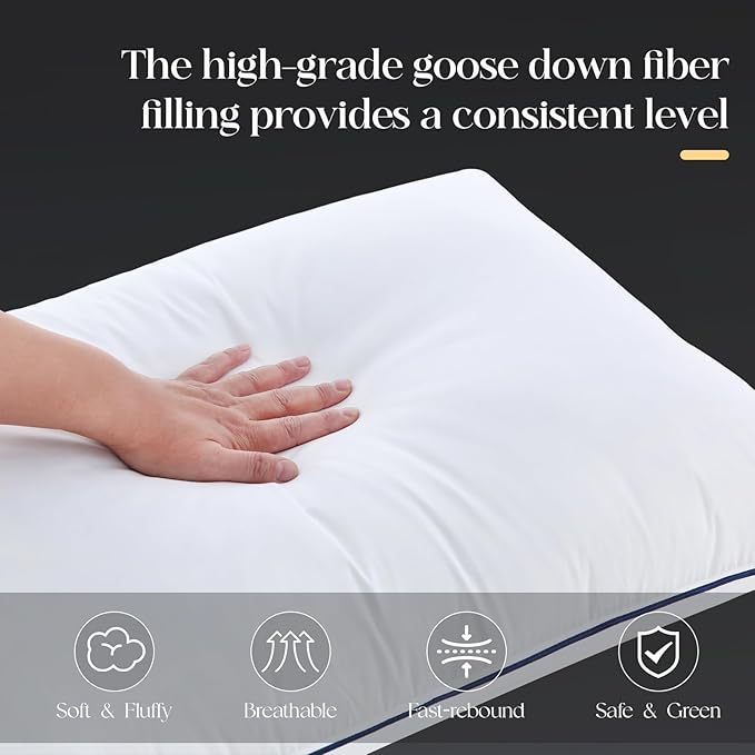 Luxurious Goose Down Bed Pillows Queen Size Set of 2, Hotel Collection Pillows Designed for Deep Sleep, Soft and Supportive Filling for Side, Back Sleepers 20" x 30"