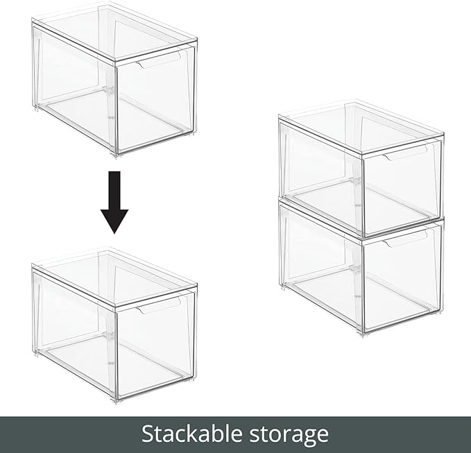 mDesign Plastic Stackable Closet Storage Organizer Bins with Pull Out Drawer for Cabinet, Desk, Shelf, Cupboard, or Dresser Organization - Lumiere Collection - 8 Pack - Clear