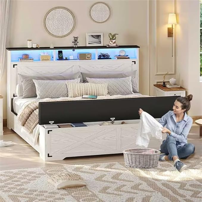 Hasuit Queen Size Bed Frame with Storage Ottoman, Farmhouse Bed Frame with Charging Station and Led Light, Headboard with Storage Rack, Metal Slats, No Noise Design, No Box Spring Needed,Walnut White