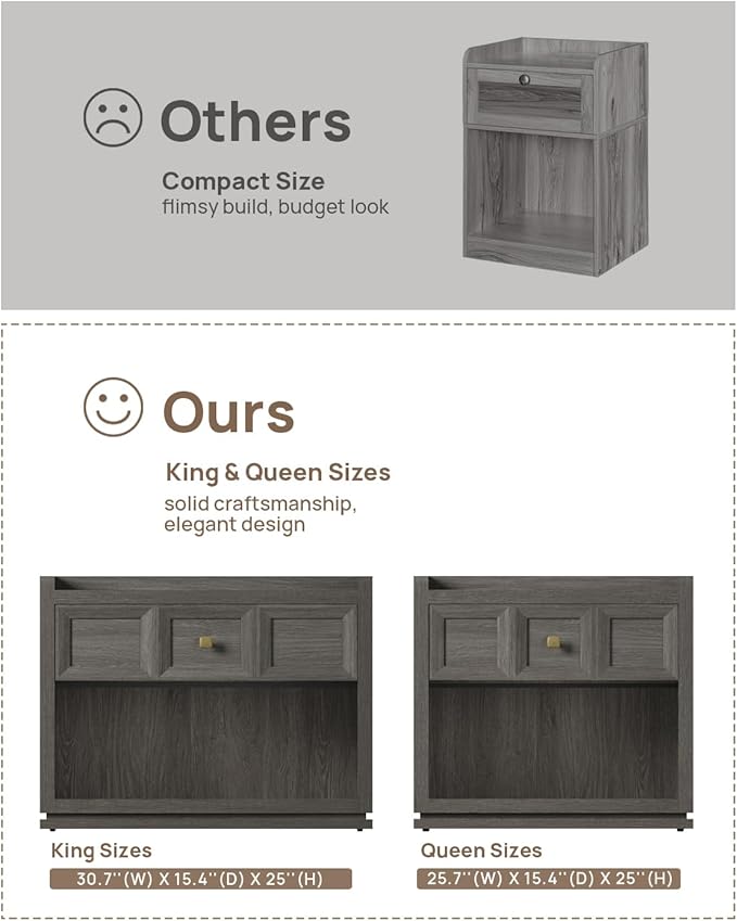 SICOTAS 31" Wide Nightstands Set of 2, Large Night Stands with Drawer, Oversized King Size Nightstand Bedside Table for Bedroom, Farmhouse End Side Table Set of 2 (Dark Grey Oak, 31-Inch)