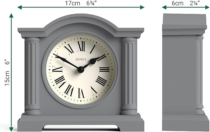 JONES CLOCKS® Kensington Mantel Clock | Classic Arch top Clock | Gray | Stylish & Contemporary | Ideal for Desk, Mantelpiece, Bookshelf or Bedside