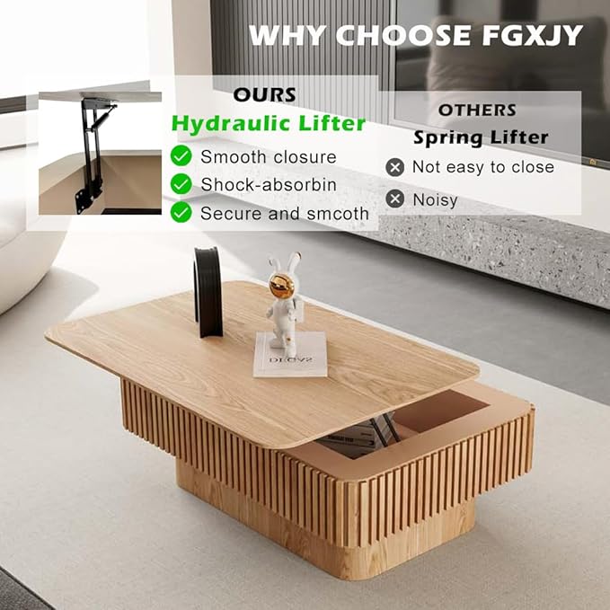 Lift Coffee Table with Storage & Adjustable Height, Solid Wood Coffee Table Fluted Center Table Accent Tea Table or Living Room, Apartment, Office (38.6" Natural)