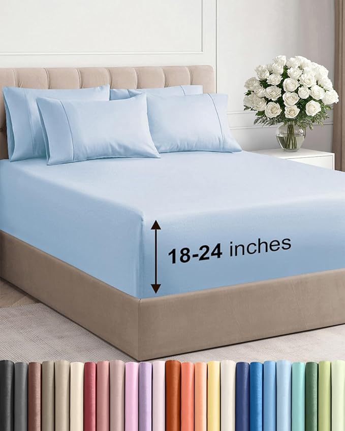 Extra Deep Full Sheet Set - 6 Piece Breathable & Cooling Sheets - Hotel Luxury Bed Sheets Set - Easy & Secure Fit - Soft, Wrinkle Free & Comfy Sheets Set - Sky Blue Sheet Set with Extra Deep Pockets