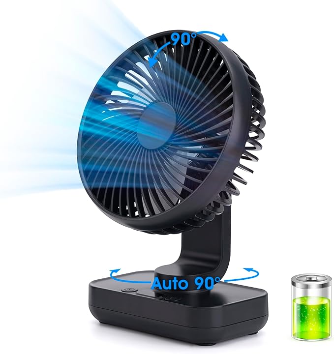 Digibond Oscillating Fan 5.1in Small Wall Mounted Oscillating Desk Fan Auto 90° Rotated Quiet 4 Speeds 4500mAh Rechargeable Battery Powered Cordless USB Fan for Indoor/Outdoor/Bedroom(Black)