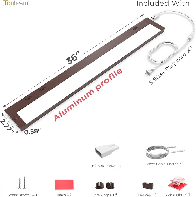 36 Inch Under Cabinet Lighting Plug in, 20W 120V 3 Color 3000K/4000K/5000K, 3 Brightness, Super Bright, Ultra Thin Under Counter Lights for Kitchen, Linkable LED Cabinet Light, Bronze
