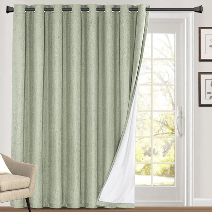 PrinceDeco Linen Blackout Curtains 108 Inches Long 100% Blackout Curtains for Sliding Glass Doors Extra Wide Patio Door Curtains for Sliding Glass Door,W100 X L108 Inch,Sage