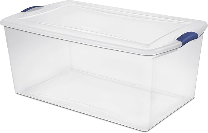 2-Pack 105 Quart Heavy Duty Plastic Storage Bins - Stackable Clear Containers with Lids & Blue Latches, Extra-Large Capacity for Bedding, Clothing, Holiday Decor, Garage & Closet Organization