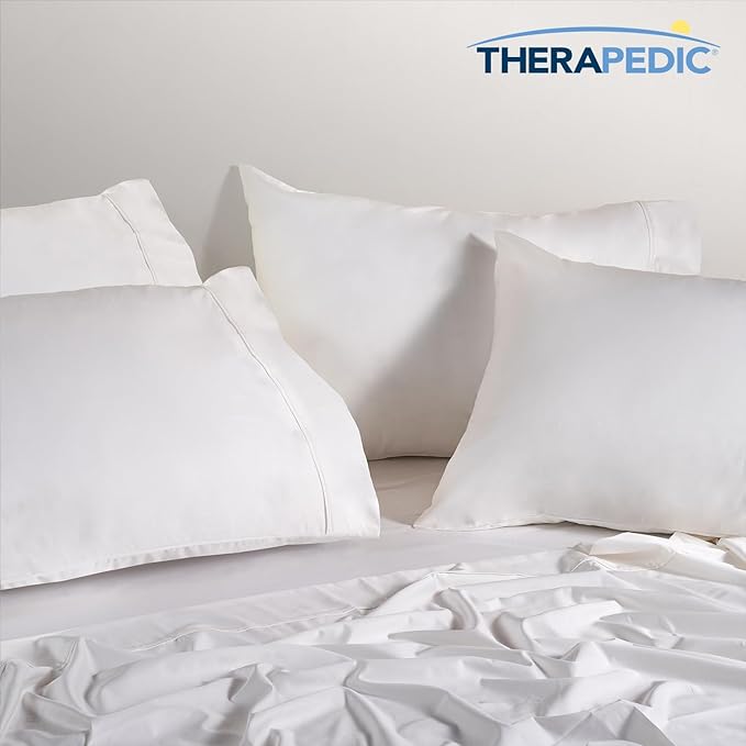 Therapedic 1000TC Split King 7-Piece Sheet Set - 100% Organic Rayon Dervied from Bamboo Blend with Cooling Fiber, Ideal for Hot Sleepers - 16" Deep Pocket Fitted Sheet, Bonus Pillowcases - White