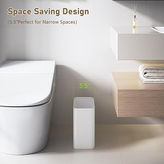 Veelesa Small Bathroom Trash Can 2.4 Gallon Wastebasket Slim Metal Garbage Can Stainless Steel Trash Bin for Bedroom,Office,Kitchen,Toilet, rv, Near Desk, Under Sink (White)
