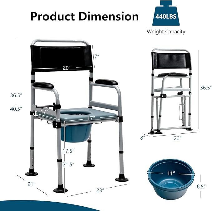 Goplus 4-in-1 Folding Bedside Commode, 440lbs Commode Chair for Toilet with Arms, Padded Seat, Height Adjustable Bedside Toilet, Shower Chair, Adult Potty Chair for Seniors Elderly Disabled Bariatric