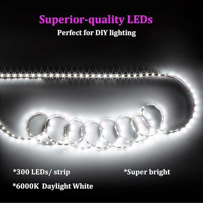 WOBANE LED Strip Lights 32.8ft White, Dimmable White Light Strip Kit with Remote and Control Box, 600 LEDs Supper Bright Tape Lights for Living Room, Mirror, Under Cabinet, Wardrobe 6500K Daylight