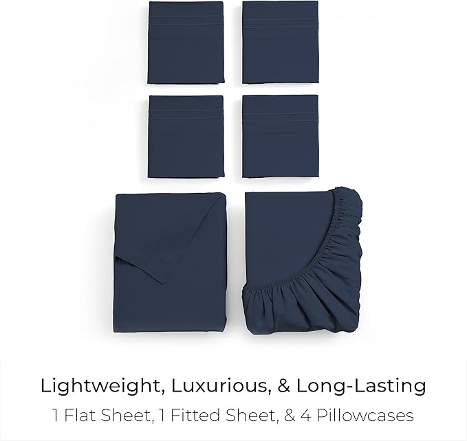 Mellanni King Sheet Set - 6-Piece Iconic Collection Bedding, (Including 4 Pillowcases), 21-Inch Extra Deep Pocket, Easy Care, Ultra Soft, Cooling Sheets, Brushed Microfiber - Navy Blue