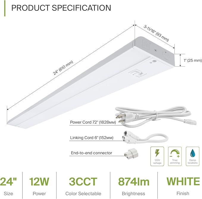 ASD 24 Inch LED Under Cabinet Lighting Plug in or Hardwired, High/Low/Off Switch, 12W 120V 3 CCT 2700K/3000K/4000K CRI90+, Triac Dimmable Linkable Under Counter Lights for Kitchen, ETL Listed, White