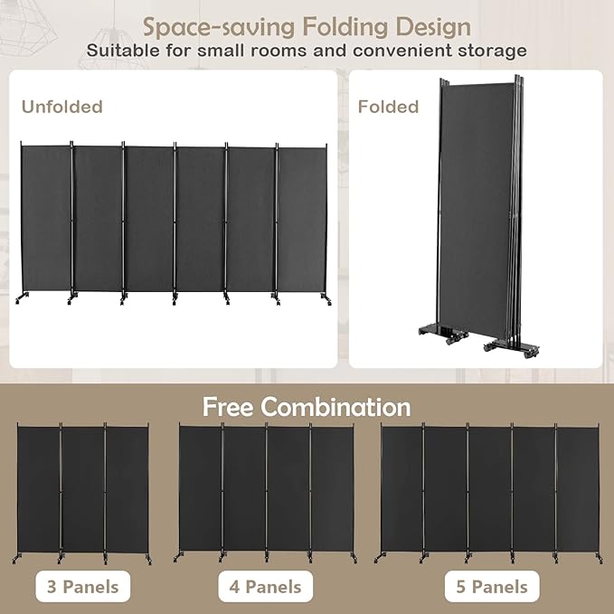 GOFLAME 6 Panel Folding Room Divider, 6FT Rolling Privacy Screen with Lockable Wheels, Portable Room Partition Screen, Freestanding Wall Divider and Separator for Home Office, Grey