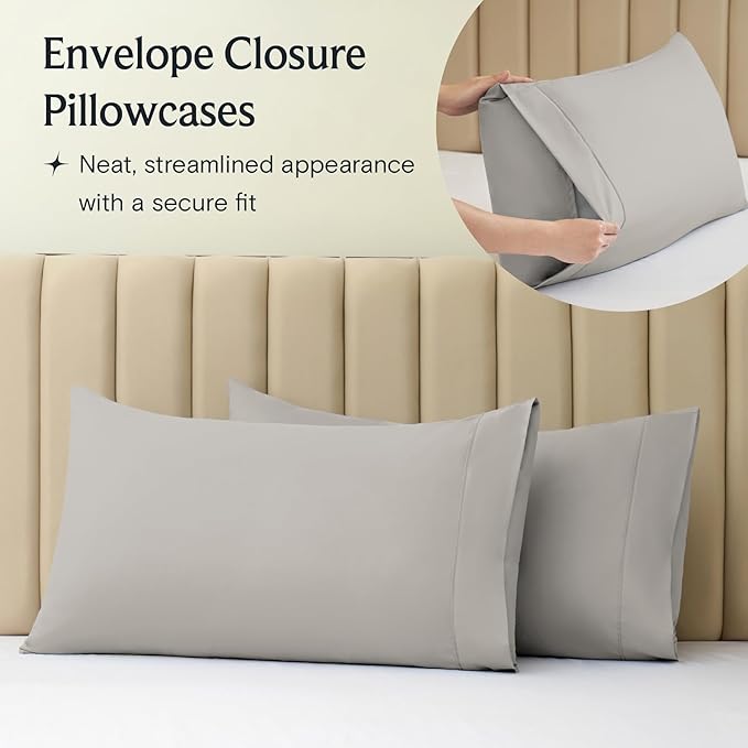 LuxClub 4 PC Queen Sheet Set, Deep Pockets Wrinkle Free Cooling Bed Sheets Hotel Bedding for Women, Men, Includes 1 Fitted Sheet, 1 Flat Sheet and 2 Pillowcases-Silky Soft Light Taupe