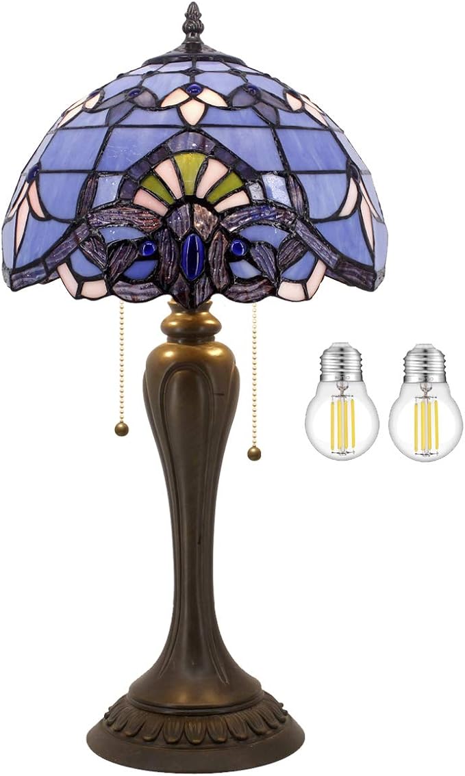 WERFACTORY Tiffany Lamp Stained Glass Table Bedside Lamp 12X12X22 Inches Blue Purple Baroque Style Lavender Reading Desk Light Decor Bedroom Living Room Home Office S003C Series