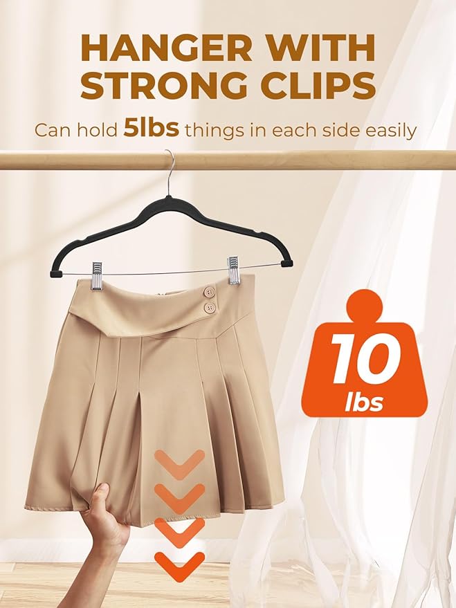 HOUSE DAY Velvet Skirt Hangers 12 Pack, Black Velvet Pant Hangers with Adjustable Clips, Space Saving Slim Shorts Hanger, Heavy Duty Non Slip Clip Hanger for Pants, Skirts, Shorts