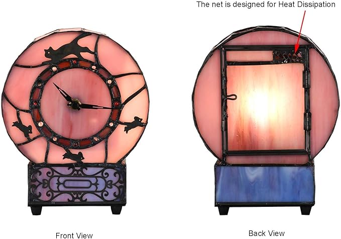 Bieye L10911 Cat and Mouse Tiffany Style Stained Glass Desk Clock Table Lamp for Home Decor (Pink)
