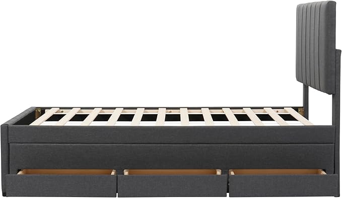 Twin Size Bed Frame with Trundle Bed and Storage Drawers,Linen Upholstered Bed Frame,Twin Size Trundle Bed with Adjustable Headboard,Upholstered Platform Bed Twin for Kids Teens Adults,Gray