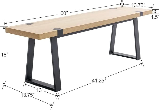 Wahson 60" Dining Bench, Natural Wooden Table Bench with Metal Legs, Modern Kitchen Bench for Enrtyway/Indoor/Dining Room