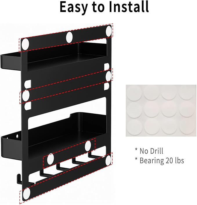 Adhesive Bedside Wall Shelf Organizer with 5 Hooks and Cable Clips, Plastic Wall Storage Holder for Phone, Remote Control, Earphone, Kindle, Keys – Bedroom, Dorm, RV (Black)