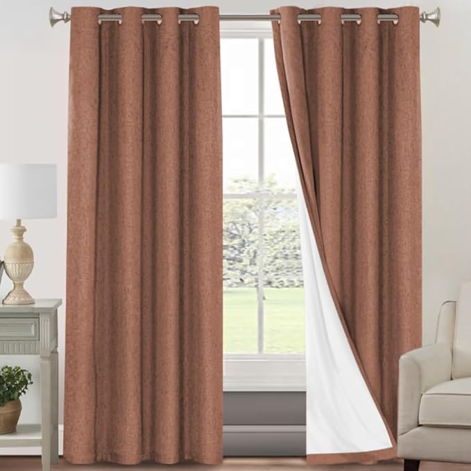 PrinceDeco Blackout Curtains for Bedroom 96 Inches Long Linen Look Curtains for Living Room Black Out Curtains Room Darkening Thermal Curtains with White Liner Backing for Nursery Decor,Washed Spice