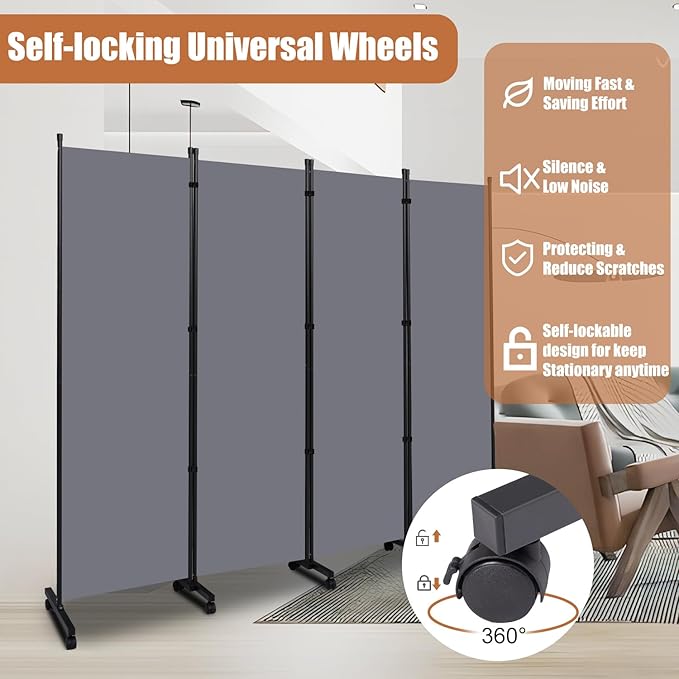 Room Divider Folding Privacy Screens with Wheels, 6FT Tall Divider for Room Separation, Movable Room Partitons and Dividers, Indoor Room Dividers Panel with Fabric (Grey, 4 Panel-88‘’-Wheels)