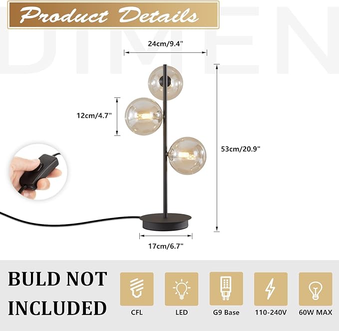 Mid Century Modern 3 Lights Globe Table Lamp Contemporary Minimalist Tall Bedside Desk Lamp Farmhouse Cognac Glass Nightstand Lamps Vintage Reading Light for Bedroom Living Room MTL03-B