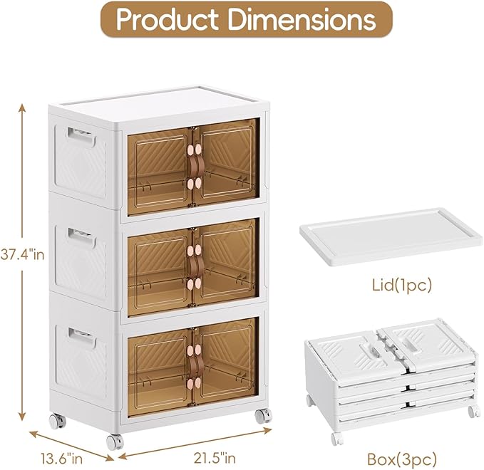 JEKO&JEKO 378Qt Stackable Storage Bins with Lids and Wheels, Foldable Collapsible Plastic Boxes for Clothes, Home, White, 6Pack