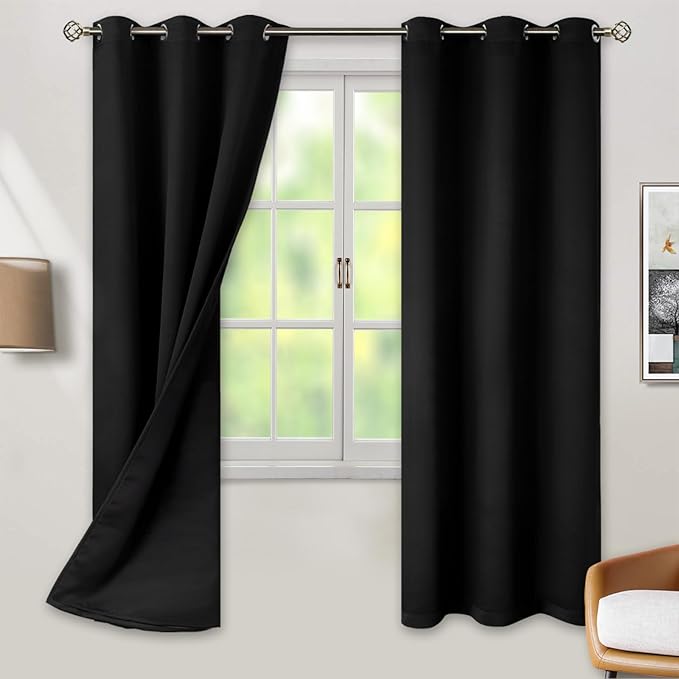 BGment Black Out Curtains 72 Inch Long - Black Blackout Curtains for Bedroom Thermal Insulated Double Layer Full Room Darkening Noise Reducing Grommet Drapes, 2 Panels of 42 x 72 Inch