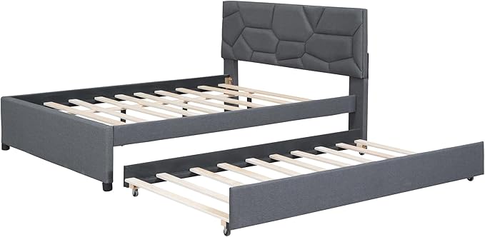 Full Size Bed Frame with Twin Size Trundle,Linen Upholstered Platform Bed Frame Full with Brick Pattern Headboard,Wood Slat Support Included,No Box Spring Needed,Easy Assembly,Gray