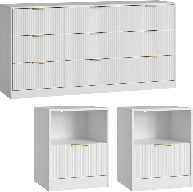 9 Drawer Dresser & Nightstand Set 3-Piece, 63” Wide Bedroom Set Night Stand Set of 2 with Metal Handle, Fluted Modern Wood Chest of Drawers Storage Dressers Set for Bedroom, White