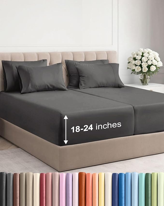 Extra Deep Split King Sheet Set - 7 Piece Breathable and Cooling Sheets - Hotel Luxury Bed Sheets Set - Easy Fit - Soft, Wrinkle Free and Comfy Sheets Set - Charcoal Sheet Set with Extra Deep Pockets