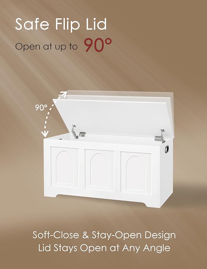 DINZI LVJ Storage Chest, 39.4” Wooden Toy Box with 2 Safety Hinges, Entryway Shoe Bench with Flip-Top, Sturdy Large Storage Trunk for Living Room, Bedroom, Playroom, Easy Assembly, White