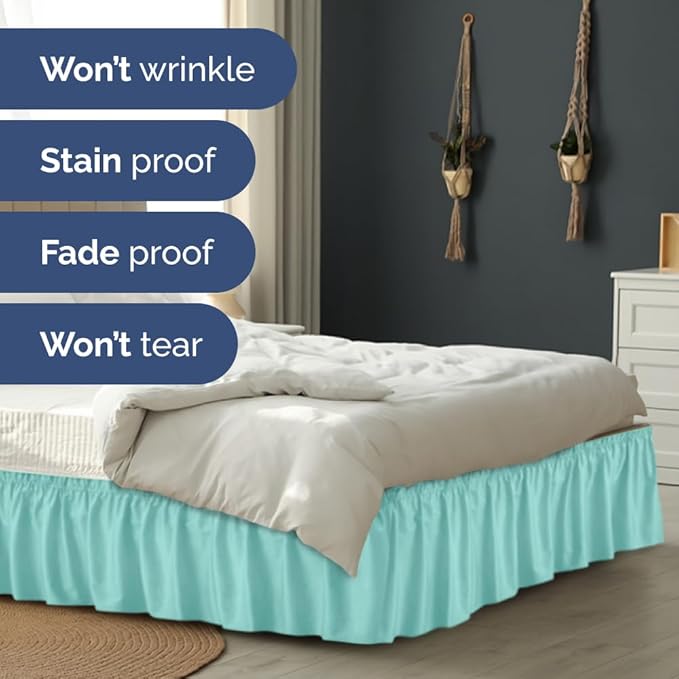 Wrap Around Dust Ruffle Bed Skirt - Spa Blue - for King Size Beds with 18 Inch Drop - Easy Fit Elastic Strap - Adjustable Pleated Bedskirt w/Brushed Fabric Wrinkle Free - for Women, Men, Kids & Teens