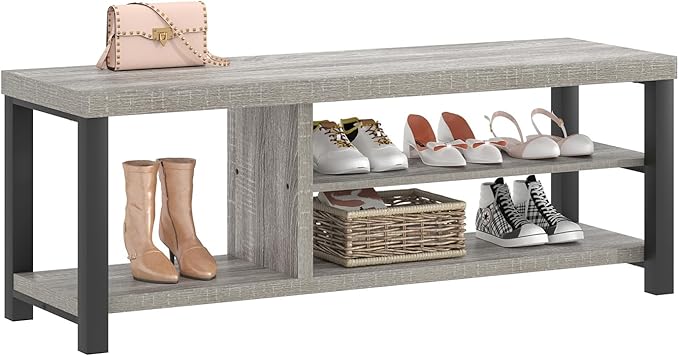 FOLUBAN Storage Bench, Vintage Wood Shoe Bench for Entryway Hallway, Industrial Indoor Shoe Rack Seat for Bedroom, Living Room, Light Grey, 43.3 Inch