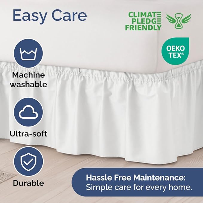 Wrap Around Dust Ruffle Bed Skirt - White - for Full Size Beds with 18 Inch Drop - Easy Fit Elastic Strap - Adjustable Pleated Bedskirt w/Brushed Fabric - Wrinkle Free - for Women, Men, Kids & Teens