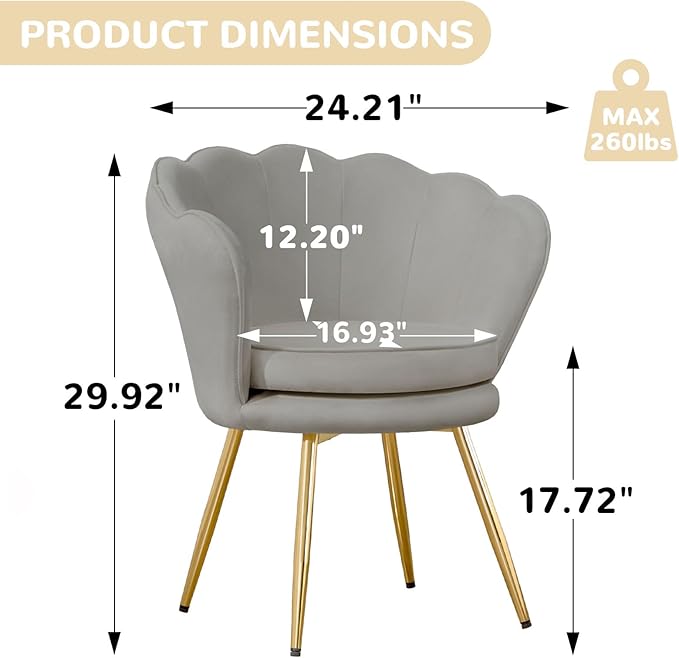 Velvet Vanity Chair with Back, Mid-Century Modern Small Accent Chair for Living Room, Golden Metal Legs Upholstered Makeup Chair, 1Pcs Bedroom Armchair, Grey