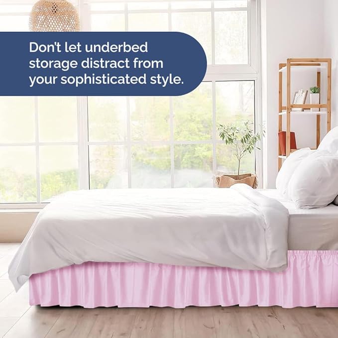 Wrap Around Dust Ruffle Bed Skirt - Light Pink - for King Size Beds with 15 Inch Drop - Elastic Strap - Adjustable Pleated Bedskirt with Brushed Fabric and Wrinkle Free - for Women, Men, Kids & Teens