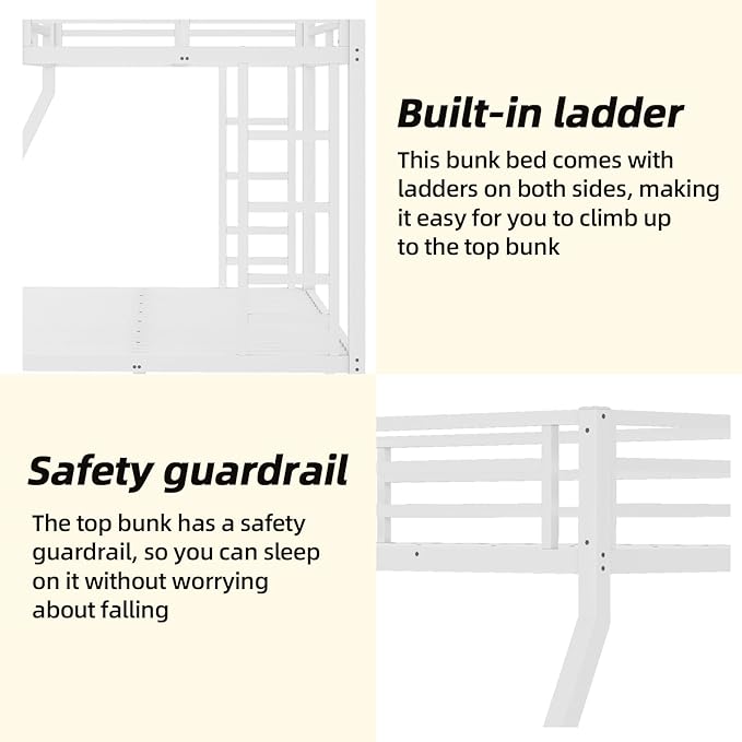 Twin Over Full Bunk Bed Frame, Heavy Duty Metal Loft Bed for Adults/Teens, 250/350LB Capacity w/Ladder & Guardrail, Noise-Free Steel Slats, No Box Spring Required, White