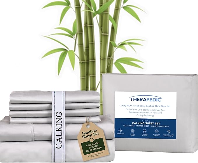 Therapedic 1000TC California King 6-Piece Sheet Set - 100% Organic Rayon Dervied from Bamboo Blend with Cooling Fiber,Ideal for Hot Sleepers - 16" Deep Pocket Fitted Sheet,Bonus Pillowcases-Light Grey