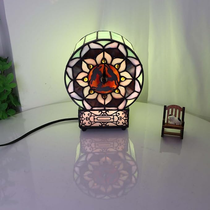 Bieye L12017 Tiffany Style Stained Glass Desk Clock Table Lamp with Lotus Flower Design (Three Hares)