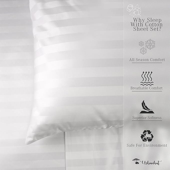 URBANHUT 800 Thread Count 100% Cotton Damask California King Size Sheets Set, 4 Piece Striped Cal King Size Bedsheets, Luxury Hotel Sheets Sateen Weave, 16" Elasticized Deep Pocket- White