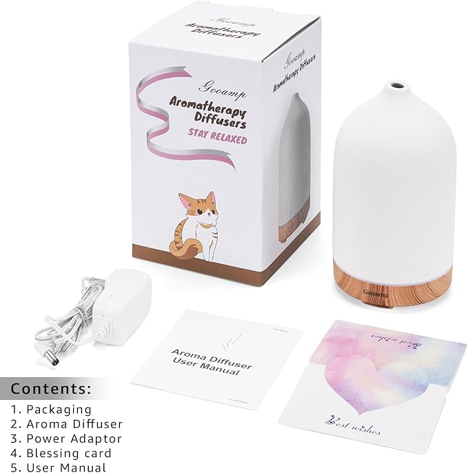 Gooamp 200ML Ceramic Essential Oil Diffuser - Ultrasonic Aromatherapy & Humidifier with 7-Color LED Lights, Auto Shut-Off, Wood Grain Base, 1H/3H/6H Timer | Scent for Home, Office, Yoga